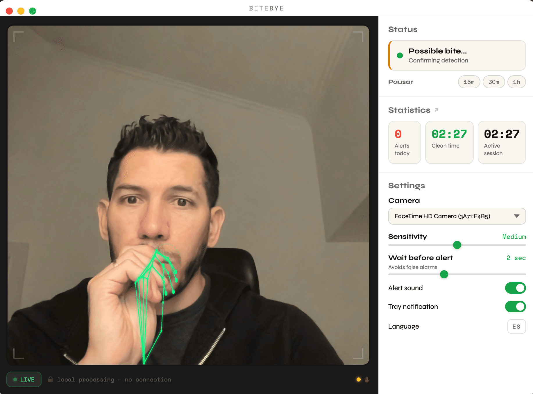 BiteBye app detecting nail biting in real time